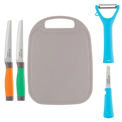 Viners Assure Colour Coded Knife, Peeler and Board Set Viners Assure Colour Coded Knife, Peeler and Board Set