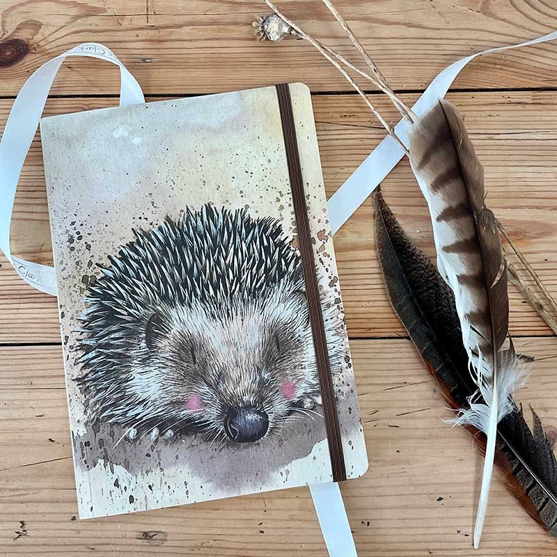Alex Clark Harriet The Hedgehog Large Chunky Notebook front cover on a wooden table