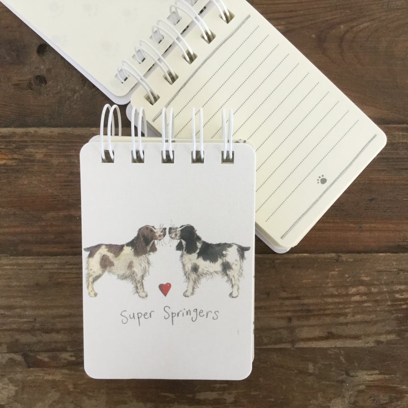 Alex Clark Super Springers Dog Small Spiral Notepad front and open on a wooden table