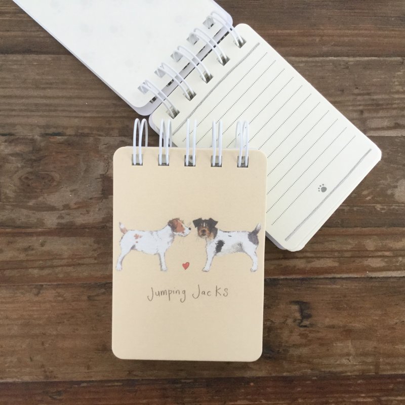 Alex Clark Jumping Jacks Dogs Small Spiral Notepad open and front on a wooden table