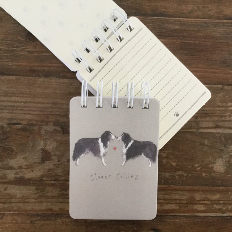 Alex Clark Clever Collies Dog Small Spiral Notepad on a wooden table