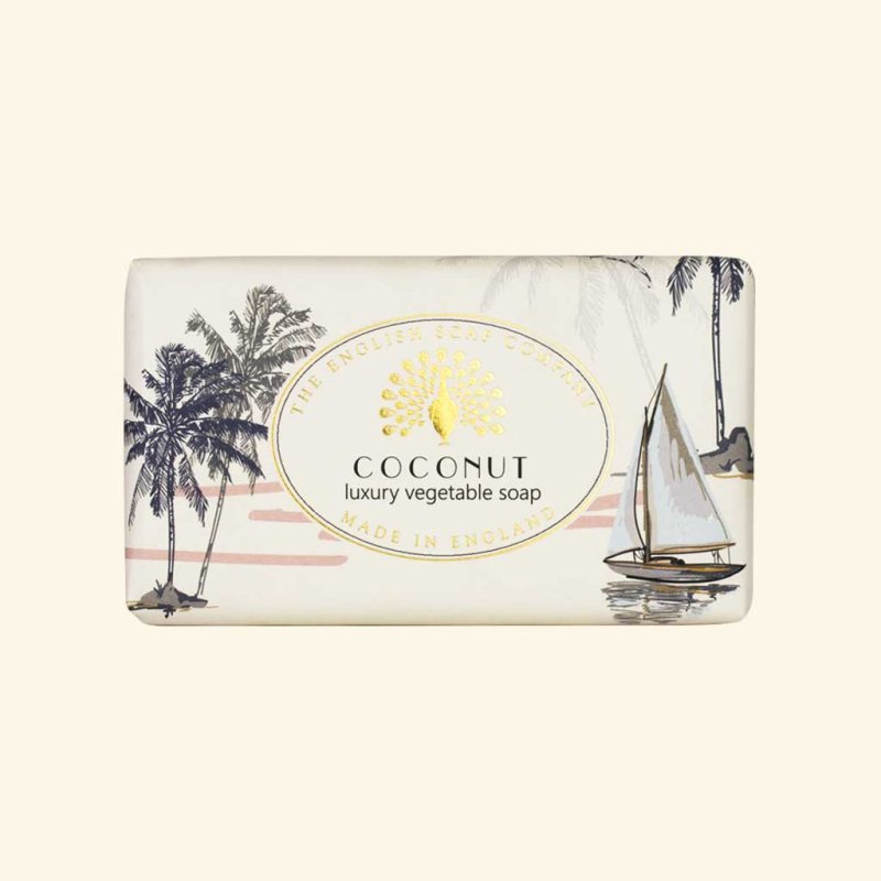 The English Soap Company Vintage Coconut Soap packaging on a white background