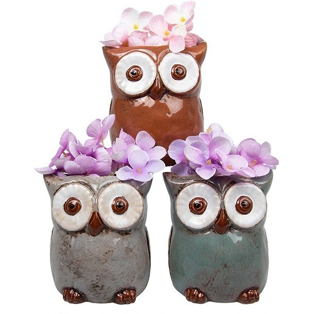 Village Pottery Small Owl Planter three different variants on a white background