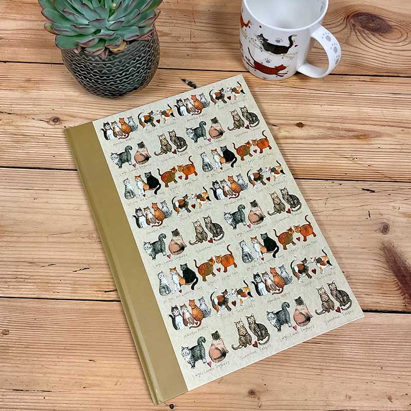 Alex Clark Charismatic Cats Large Hardback Journal front cover on a wooden table