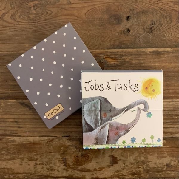 Alex Clark Jobs & Tusks Elephants Mini Magnetic Notepad front and back on a wooden background