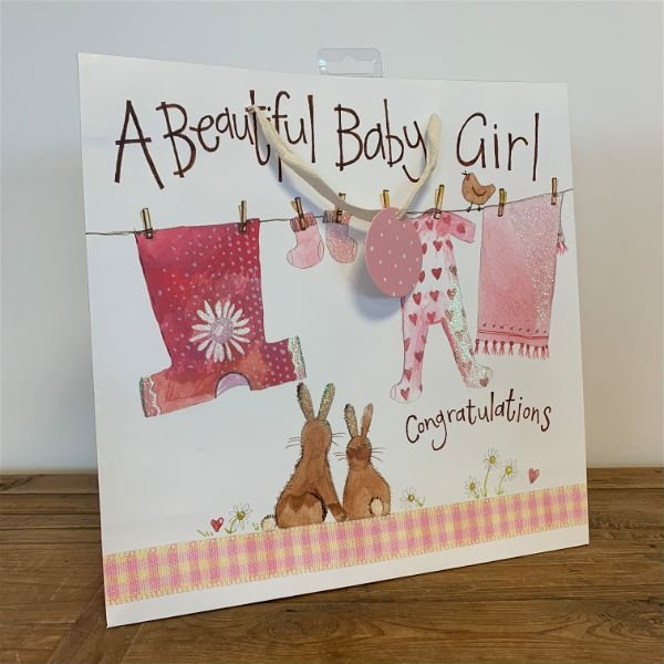 Alex Clark Pink Washing Line Large Gift Bag on a wooden table