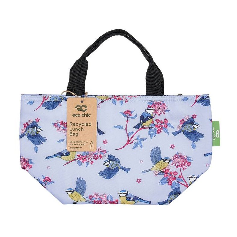 Eco Chic Lilac Blue Tits Insulated Lunch Bag front view on a white background