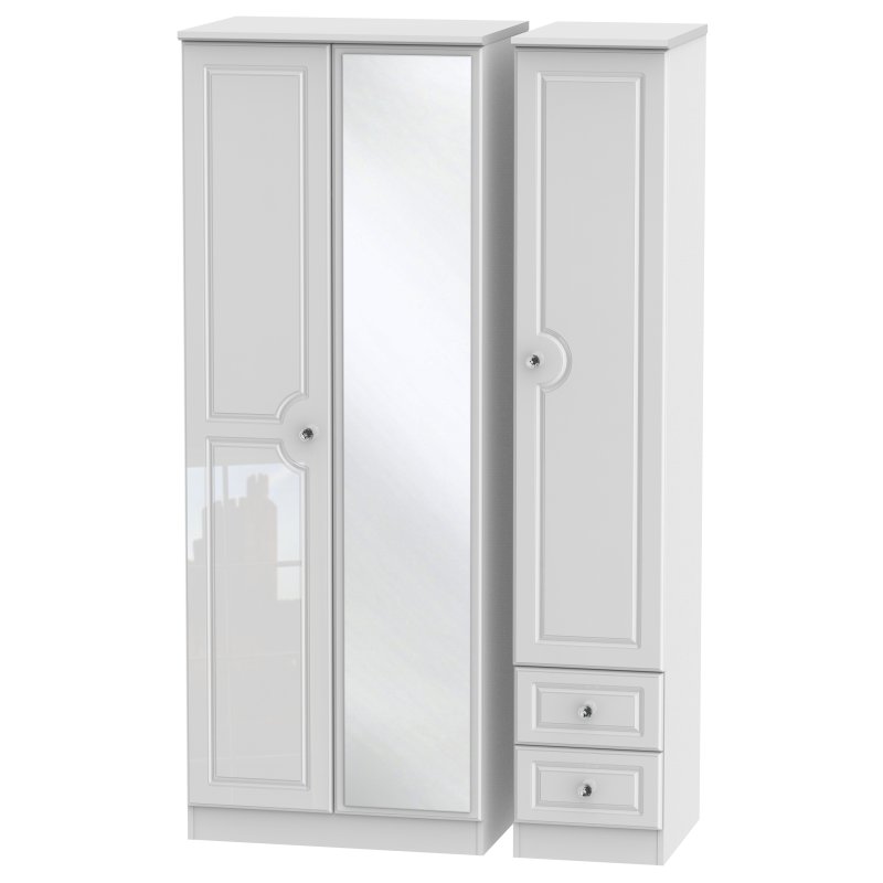 Edinbrugh Tall Triple Mirrored Wardrobe with Drawers White Gloss angled image of the wardrobe on a white background