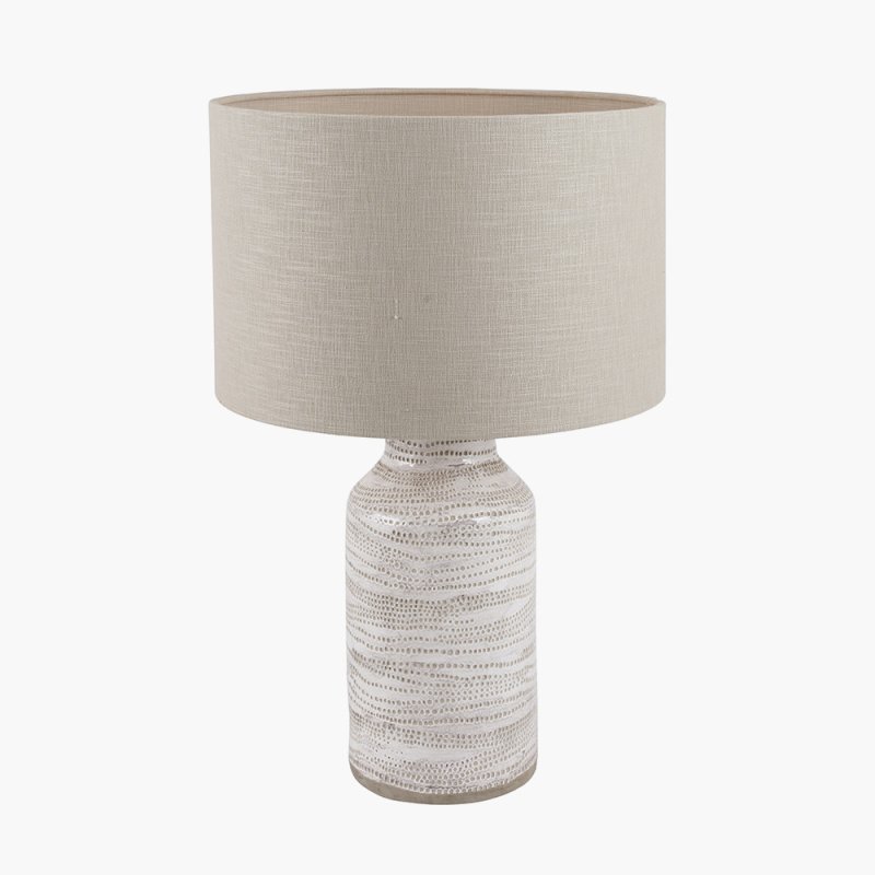 Alina Tall White Dot Stoneware Table Lamp with Natural Linen Shade image of the lamp with shade on a white background