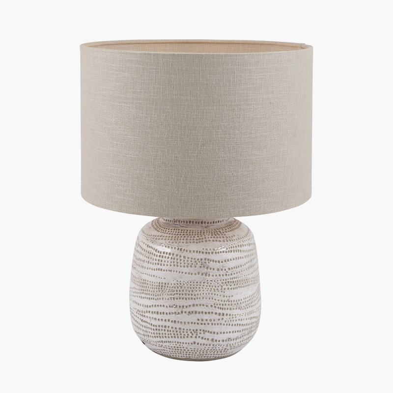 Alina White Dot Design Small Stoneware Table Lamp with Natural Linen Shade image of the lamp with shade on a white background