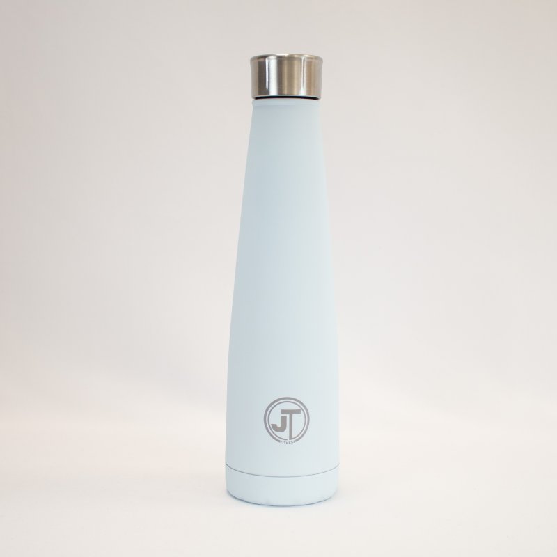 JT Fitness Pastel Blue 500ml Conical Water Bottle image of the bottle on a beige background