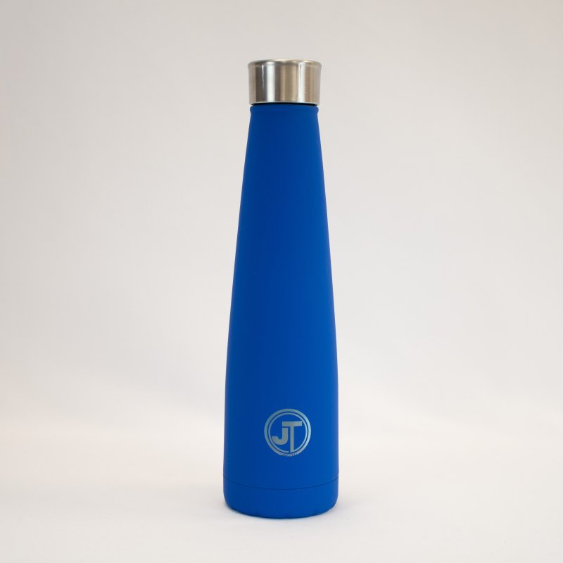 JT Fitness Royal Blue 500ml Conical Water Bottle image of the bottle on a beige background