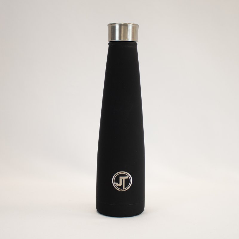 JT Fitness Black 500ml Conical Water Bottle image of the bottle on a beige background