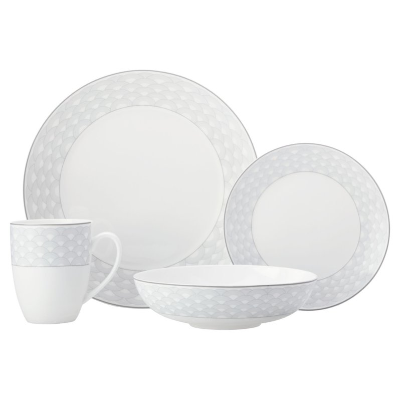 Maxwell Williams Harlequin Coupe 16 Piece Grey Edged Dinner Set image of the sets contents on a white background