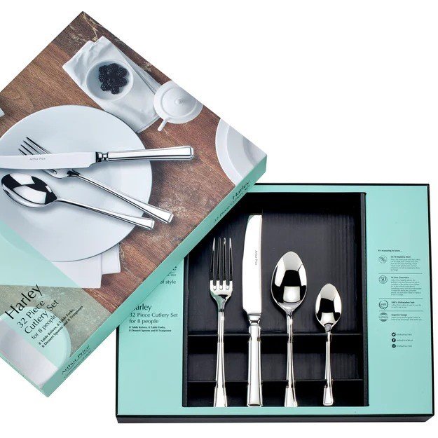 Authur Price Harley 32 Piece Cutlery Box Set image of the cutlery in packaging on a white background