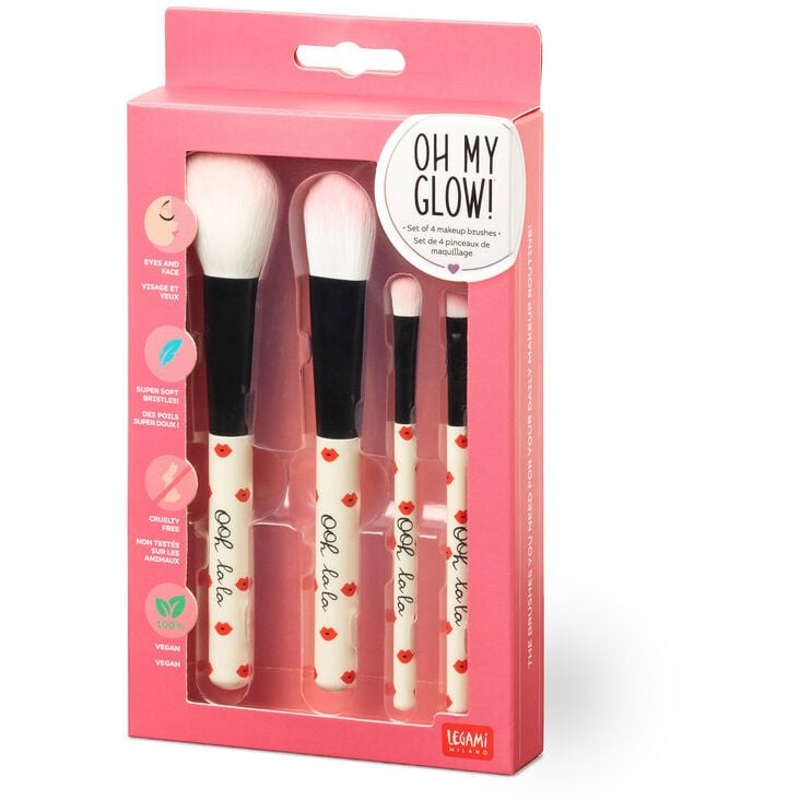 Legami Lips Set Of 4 Make Up Brushes image of the makeup brushes in packaging on a white background