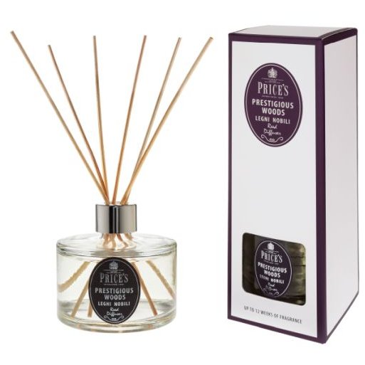 Price's Candles Signature 250ml Prestigious Woods Reed Diffuser image of the diffuser and packaging on a white background