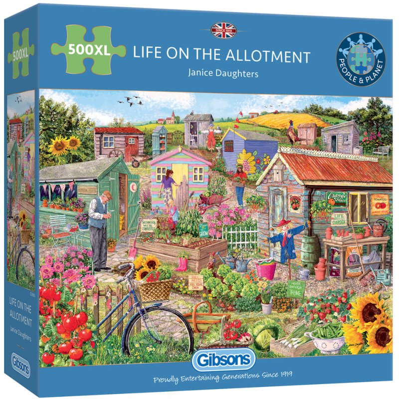 Gibsons Life On The Allotment 500 Piece Extra Large Puzzle image of the puzzle box on a white background