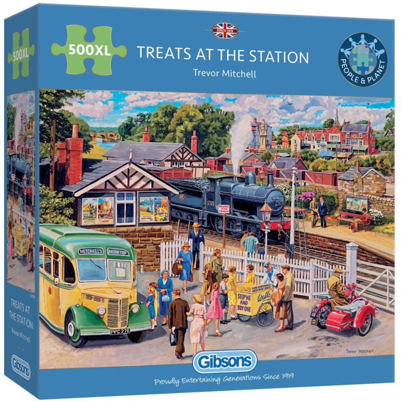 Gibsons Treats At The Station 500 Piece Extra Large Puzzle image of the puzzle box on a white background