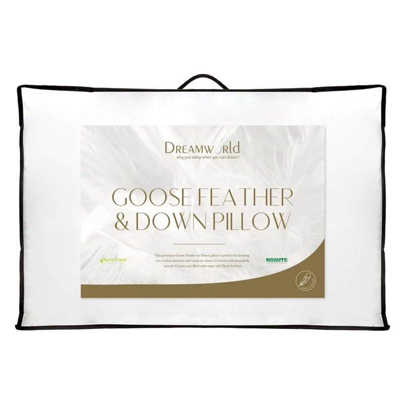 Dreamworld Goose Feather & Down Pillow image of the pillows in packaging on a white background