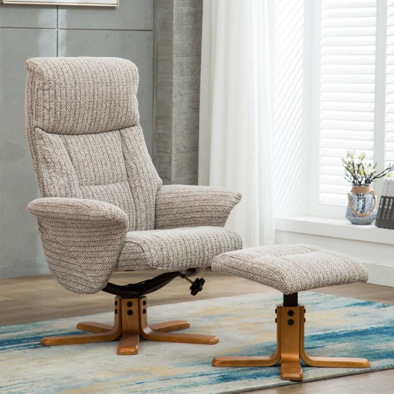Marseille Swivel Recliner Chair & Stool Set in Wheat Fabric