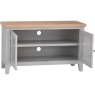 Derwent Grey Standard TV Unit front angle of the tv unit with the cupboard doors open on a white background