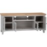 Derwent Grey Large TV Unit front angle of the tv unit with the cupboard doors open on a white background