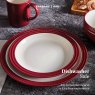 Barbary & Oak Red Foundry 16 Piece Dinner Set lifestyle image of the dining set with specs