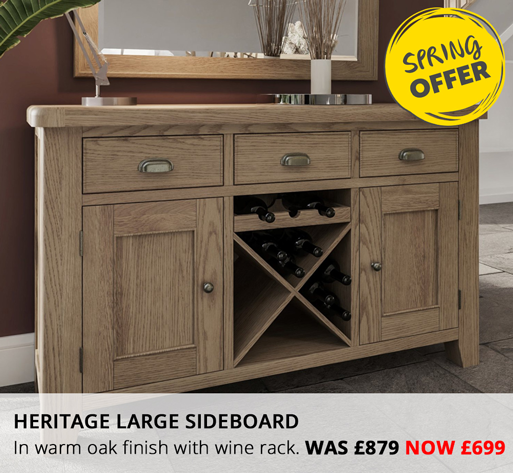 Spring Offer - Heritage Large sideboard in warm oak finish with wine rack, was £879 now £699