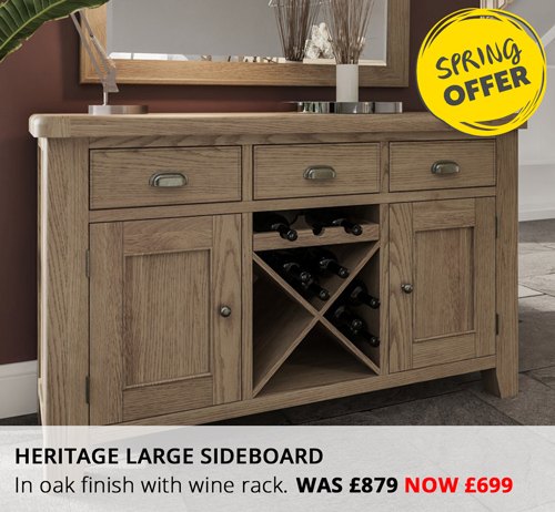 Spring Offer - Heritage Large sideboard in warm oak finish with wine rack, was £879 now £699