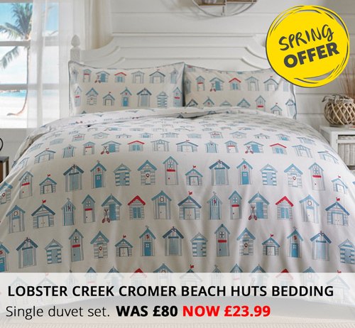 Spring Offer - Lobster Creek Cromer Beach Huts Bedding, single duvet set was £80 now £23.99