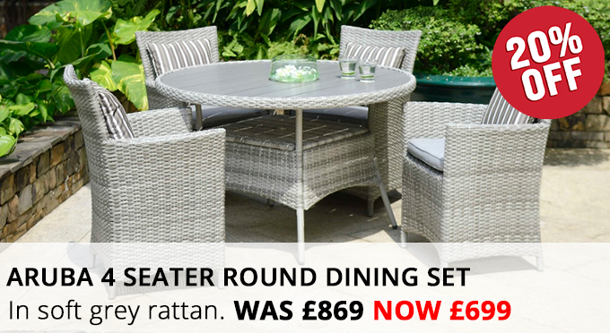 Aruba 4 seater round dining set in soft grey rattan. Was £869 Now £699