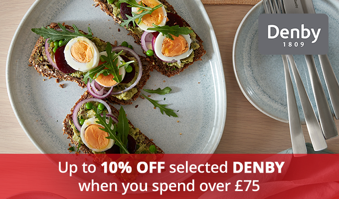 Enjoy great deals on Denby pottery dinnerware. 5% off Denby Azure, Halo and White, and enjoy 10% off Studio Blue and Kiln. Selected lines, online only. Discount applied at checkout automatically when £75 total value of one collection is reached