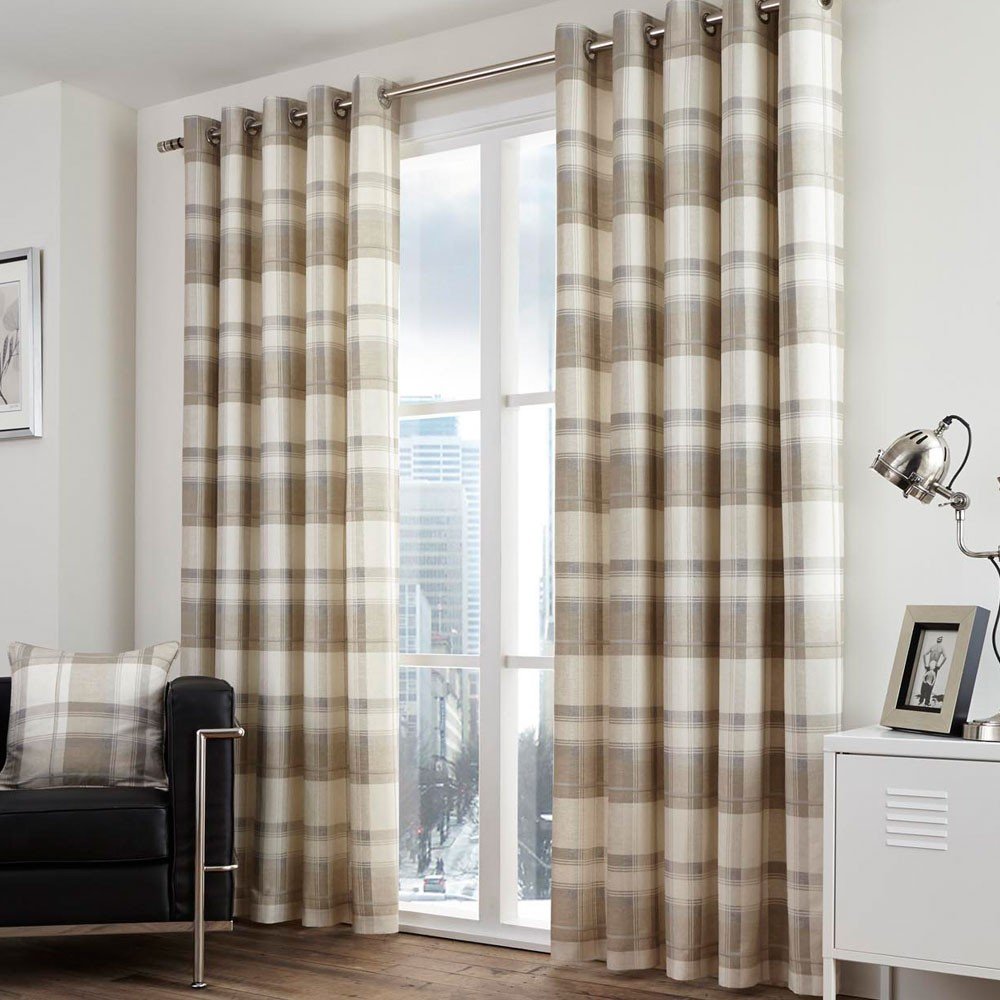 Balmoral Natural Check Curtains | Ready Made| Choice Of Sizes | Aldiss