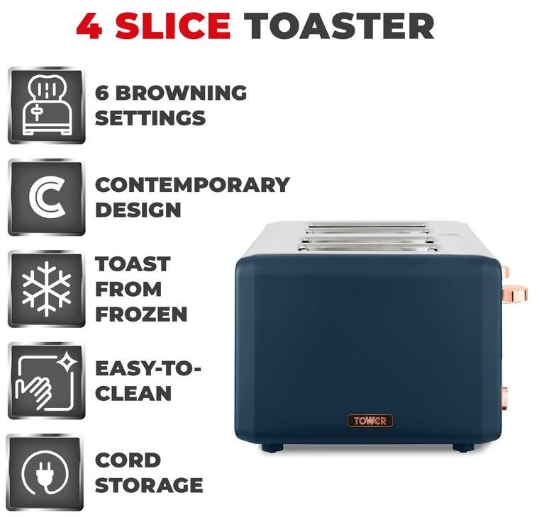 Tower Cavaletto 4 Slice Toaster Blue Aldiss