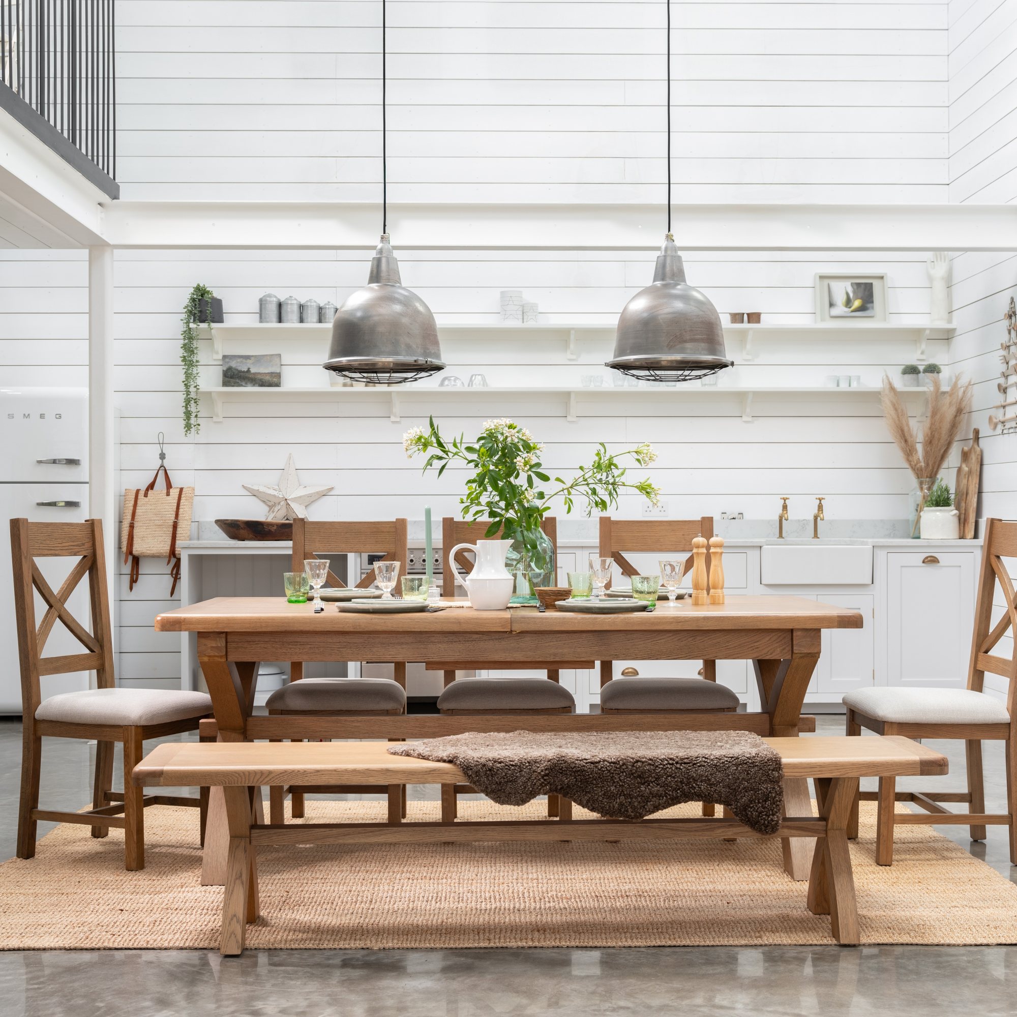 Manor Oak 2m Extending Table with 5 Chairs & Bench | Aldiss