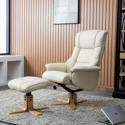 Florence Swivel Recliner Chair & Stool Set in Faux Bone Leather