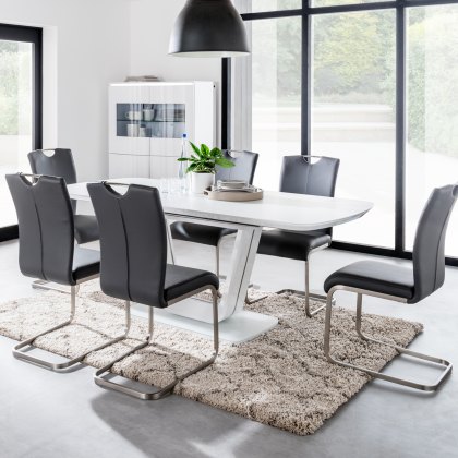 Lazzaro 1.6m White Extending Table with 6 Grey Chairs