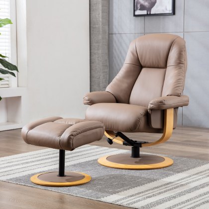 Jersey Swivel Recliner & Stool Set in Leather Match Earth
