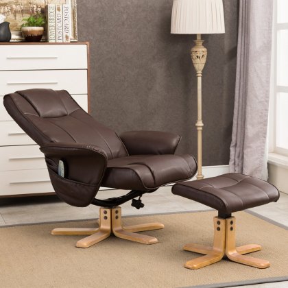 Oxford Chair & Stool Set with Heat & Massage Function in Nut Brown Faux Leather