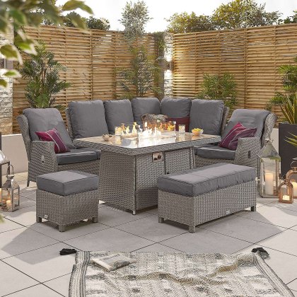Skylar Reclining Corner Set with Fire Pit in Grey/White Wash