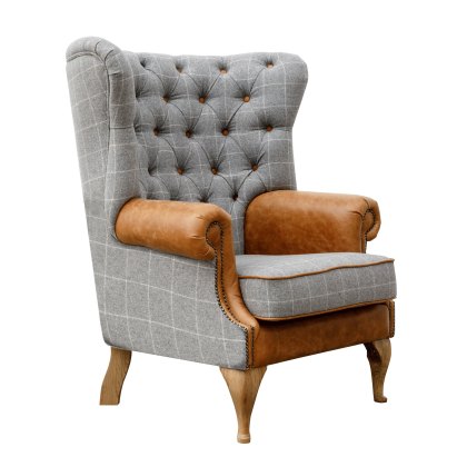 Artisan Buttoned Wing Chair in Grey Wool and Leather