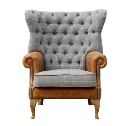 Artisan Buttoned Wing Chair in Grey Wool and Leather