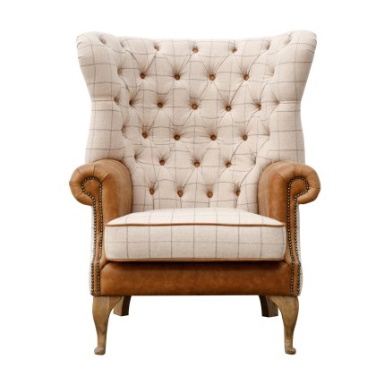 Artisan Buttoned Wing Chair in Natural Wool and Leather