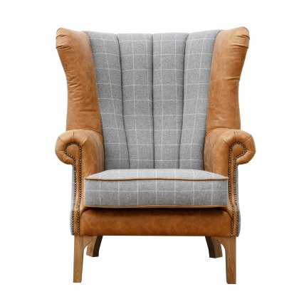 Artisan Fluted Wing Chair in Grey Wool and Leather
