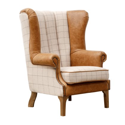 Artisan Fluted Wing Chair in Natural Wool and Leather
