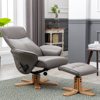 Alexandria Swivel Recliner Chair & Stool Set in Grey Faux Leather