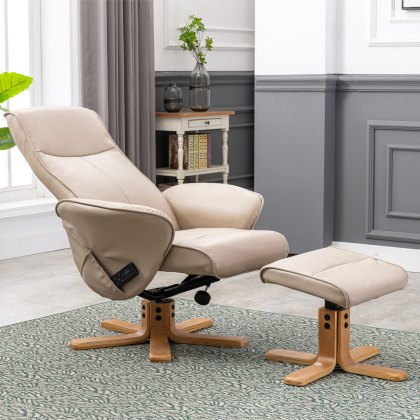 Athena Swivel Recliner Chair & Stool Set in Cream Faux Leather