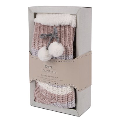 Totes Ladies Chenille Slipper-Sox with Pom Poms