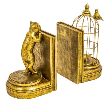 Antique Gold Curious Cat Pair of Bookends